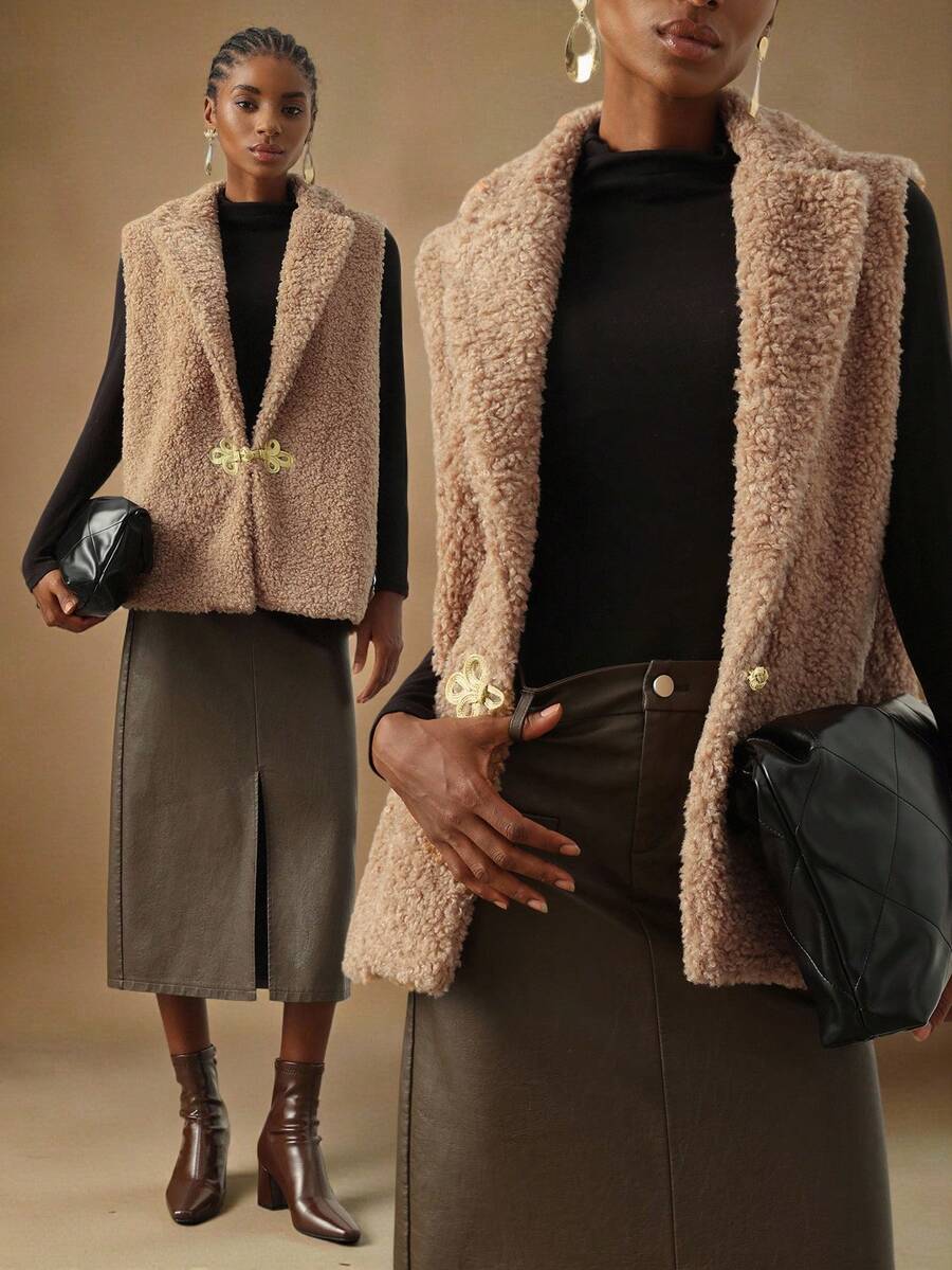 Vesra Women's Elegant Sleeveless Jacket With Lamb Fur Collar And Button Closure - Khaki - View 1