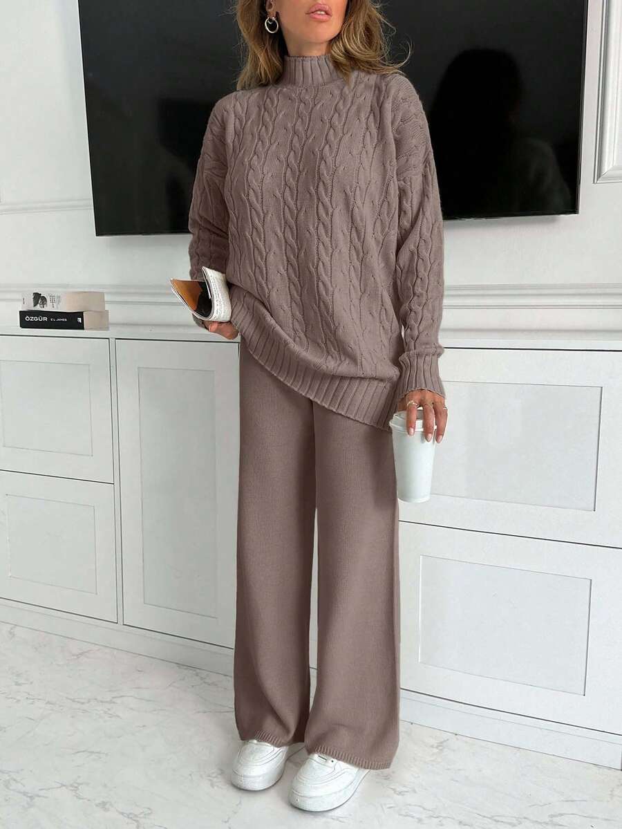 EURMUSE Women High Neck Sweater And Maxi Sweater Skirt 2 Two Pieces Set Co-Ords - Mocha Brown - View 1