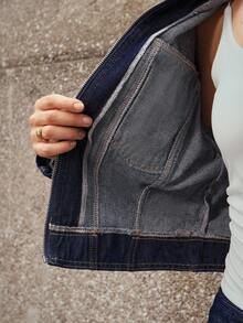 Selenza 女式复古时尚休闲拉链短款牛仔夹克 - 深色水洗藍 - 查看 7