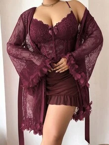 SHEIN 1 Set Plus Size Lace Robe With 3D Floral Decor + Plus Size Lace Camisole Slip Dress With Waist Cinching Design