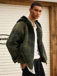 SWAVVY 男士时尚毛绒迷彩印花夹克，秋冬 - 軍綠色 - 查看 1