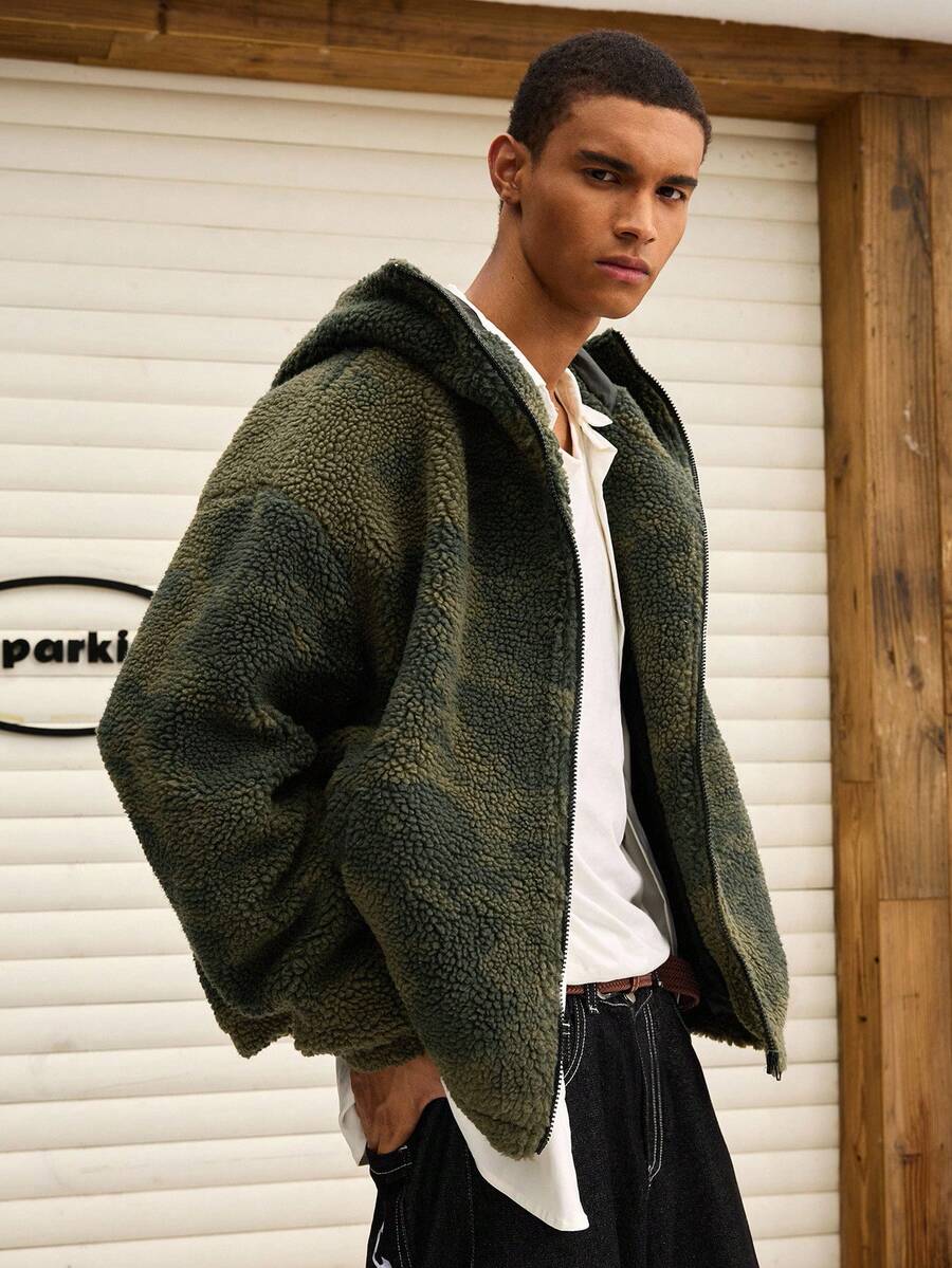 SWAVVY 男士时尚毛绒迷彩印花夹克，秋冬 - 軍綠色 - 查看 1