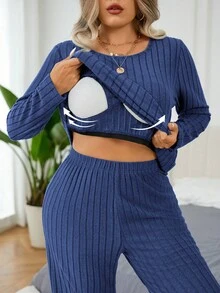 EMERY ROSE 2pcs/Set Fitted Casual Ribbed Brushed Long Sleeve Top And Pants Set With Built-In Padded Bra - Blue - View 8
