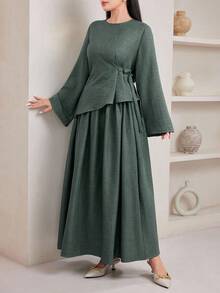 Veilorie Bộ 2 món áo sơ mi tay chuông và chân váy trơn màu thanh lịch dành cho nữ - xanh quân đội - Xem 6