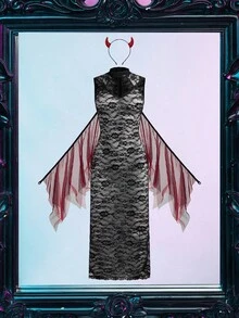 Fantasy Costume Fantasy Costume 2件組萬聖節女巫服裝，黑色，夏季哥德風性感派對女巫套裝，附翅膀，蕾絲拼接網紗長洋裝+頭飾，女士Cosplay - 黑色 - 查看 5