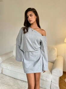 SHEIN Tall 女士时尚通勤纯色不对称领喇叭袖迷你连衣裙，露肩，俱乐部连衣裙，女士秋季连衣裙 - 灰色 - 查看 10
