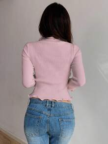 SHEIN Unity 白色波浪荷叶边休闲修身女式针织上衣 - 粉色 - 查看 2