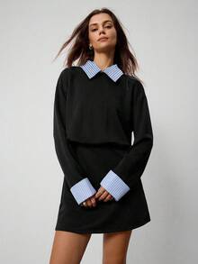 Hanevo 女式有领条纹拼接长袖运动休闲学院风连衣裙 - 黑色 - 查看 4