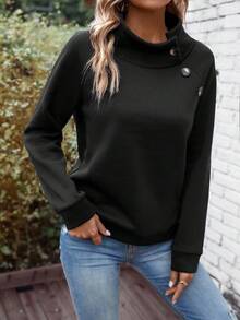 EMERY ROSE Áo nỉ nỉ tay raglan cổ đứng màu trơn thiết kế nút dành cho nữ, thời trang thu đông - màu đen - Xem 3