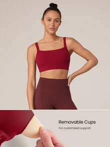 GLOWMODE FeatherFit™ Dual-Strap Knotted Back Sports Bra Low Impact Yoga Pilates Daily Removable Cups - Maroon - View 2