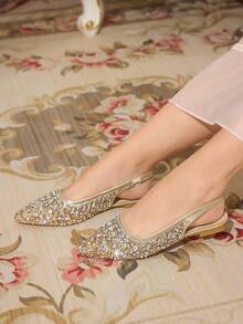 CUCCOO TILAWA 女士时尚尖头金属材质水钻闪光晚宴婚礼轻便休闲一脚蹬平底鞋，适合日常通勤、派对、户外 - 金色 - 查看 2