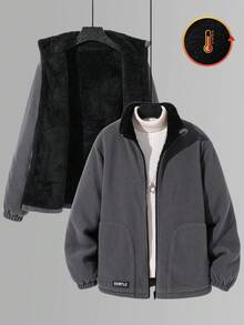 SHEIN 男童休闲日常百搭舒适保暖立领宽松加厚拉链外套，适合生日派对、晚宴、演出、婚礼、洗礼、开幕式等场合，日常穿着也十分合适，适合上学、旅行、运动，尤其适合秋冬季节。 - 深灰色 - 查看 2