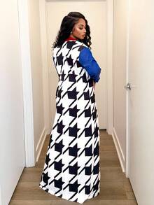 BamGleam Women's Casual Houndstooth Patchwork Long Sleeve Jacket, Autumn - Blue and White - View 2