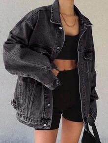 DAZY Women's Loose Fit Denim Jacket And Coat - Black - View 3