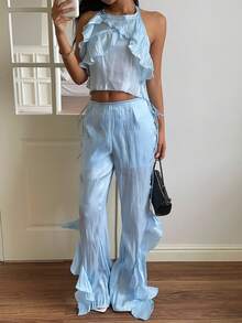 SHEIN EZwear Women's Solid Color Ruffle Tie Waist Pants, Suitable For Commuting - Blue - View 5