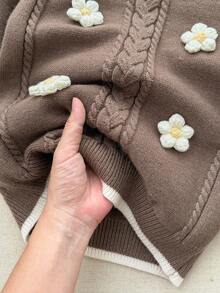 Blossori Young Girls' French Elegant Floral Crew Neck Long Sleeve Sweater - Coffee Brown - View 7