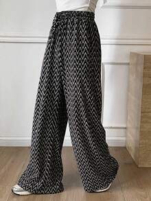 DAZY Women's Elastic Waist Loose Straight Herringbone Street Casual Pants