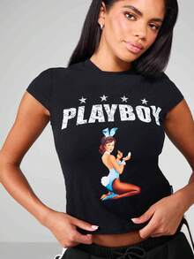 Missguided x Playboy 超大号婴儿 T 恤图案印花经典修身短袖上衣海报女郎复古风格星星图案夏季俱乐部休闲派对时尚短款基本款 T 恤 - 黑色 - 查看 5