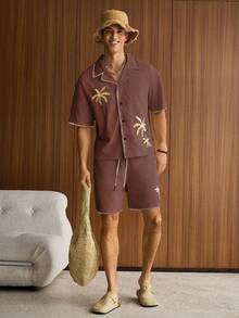 SWAVVY 2pcs Men Casual Loose Fit Short Sleeve Shirt And Elastic Waist Straight Leg Shorts Set - Coffee Brown - View 5