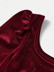 SHEIN Serisse Kids 女童纯红色大蝴蝶结腰部 A 字短款长袖连衣裙，优雅复古，适合派对、圣诞节、新年派对、秋冬 - 紅色 - 查看 5