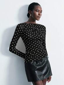 Maija 女士波点修身长袖T恤，都市通勤商务休闲装，正式办公着装，女教师，婚礼宾客，优雅百搭上衣，圣帕特里克节复活节派对外套，假日海滩度假夏季外出毕业典礼 - 黑色 - 查看 4
