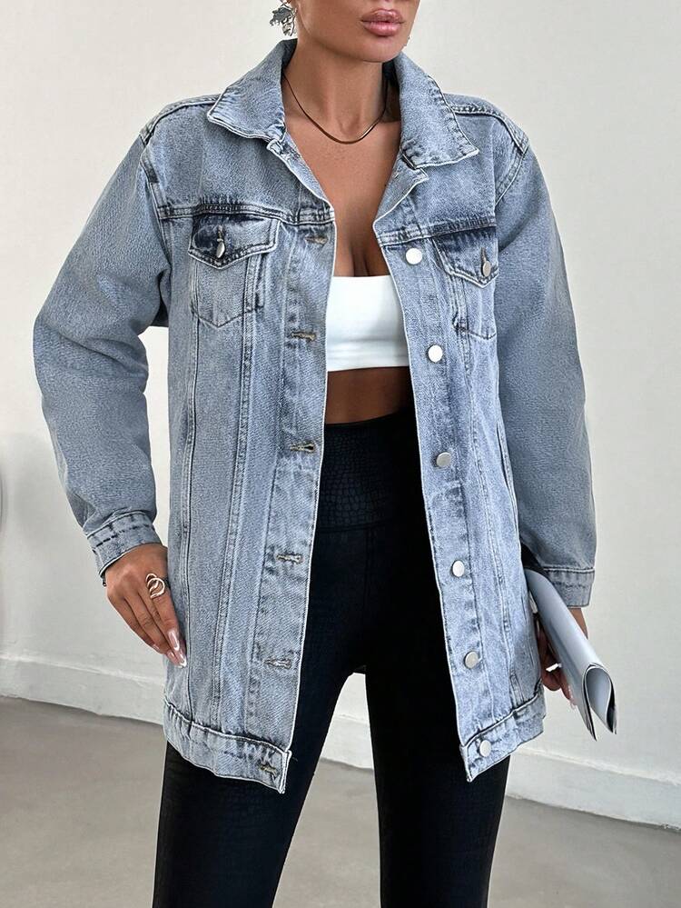 EURMUSE 100%Cotton Distressed Water Wash Denim Jacket - Baby Blue - View 3