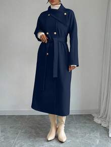 Elenzga 女士时尚优雅双排扣长款羊毛腰带 - 藏蓝色 - 查看 3