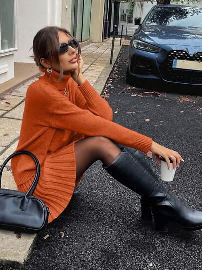 SHEIN Clasi 2pcs/Set Casual Solid Color Turtleneck Sweater And Knit Skirt, Autumn/Winter