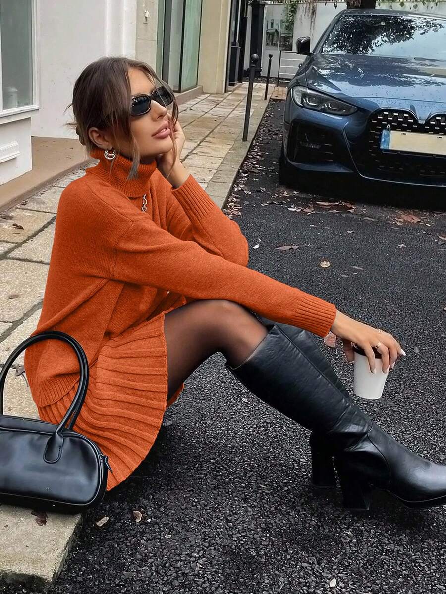 SHEIN Clasi 2 pezzi/set maglione a collo alto e gonna in maglia a tinta unita, autunno/inverno - Arancione Corallo - Visualizzare 1