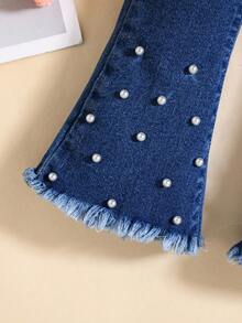 SHEIN Baby Girl White Pearl Embellished Blue Denim Flare Jeans - Dark Wash - View 5