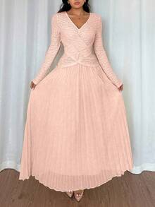 Rafferiza 女式优雅V领装饰纽扣纯色交叉褶边连衣裙 - 粉色 - 查看 6
