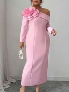 Modelyn Plus Size Women's Romantic Pink 3D Rose Shoulder Decor Asymmetric Long Sleeve Dress, Suitable For Gala, Party, Evening Events