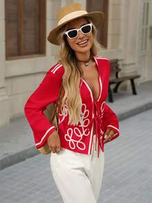 Brillora 女士休闲条纹印花开襟系腰衬衫，适合外出度假，秋冬季 - 紅色 - 查看 7