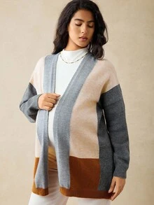 Boho Mama 孕妇拼色长袖开襟休闲宽松针织开衫，秋冬 - 彩色 - 查看 7