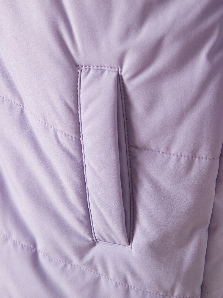 SHEIN 女童休闲时尚百搭厚棉衣带帽外套，仿毛领，拉链口袋，秋冬 - 紫色 - 查看 10