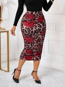 SHEIN Lady Women's Elegant Floral & Leopard Print Pleated Pencil Skirt - Multicolor - View 6