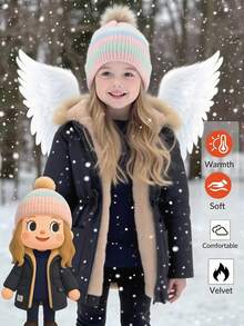 Emery Rose Kids Emery Rose Kids 女童纯色连帽外套，双口袋设计，饰有字母贴布，休闲外套，黑色哑光纯色梭织面料，黑色腰部松紧带，连帽拼接设计，保暖加厚抓绒内衬，中长款休闲外套，适合上学、购物、生日派对等场合，时尚保暖，适合秋冬季穿着。