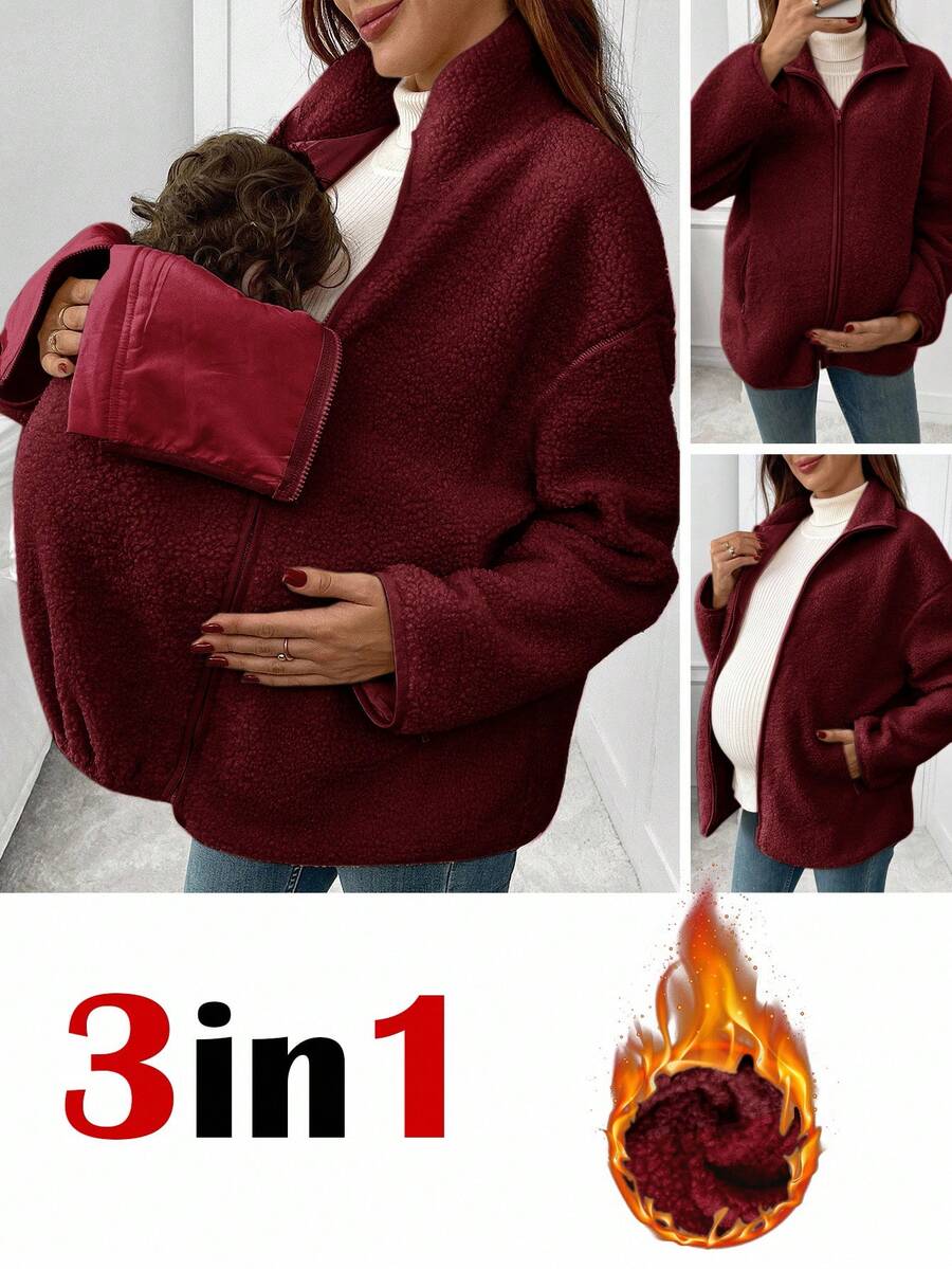 SHEIN Pregnant Women's Fluffy Warm Zip-Up Loose 3-In-1 Jacket, Winter Women Winter Jacket Plus Size Maternity Jacket Warm Maternity Coat Maternity Clothes Fall Winter Maternity Fleece Jacket