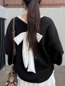 FRIFUL Áo len chui đầu cổ tròn thắt nơ viền ren đen cho nữ, dáng rộng, đa năng cho mùa thu - màu đen - Xem 7