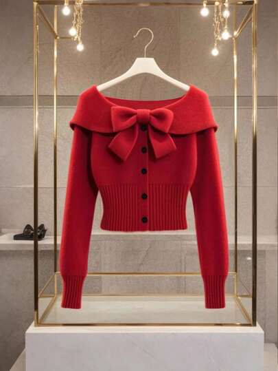 GlowEve เสื้อถักแฟชั่นผู้หญิง แขนยาว ติดกระดุมด้านหน้า สีพื้น ประดับโบว์