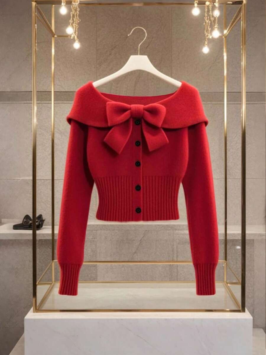 GlowEve 女式纯色蝴蝶结装饰长袖前扣时尚针织上衣 - 紅色 - 查看 1