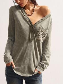 Bohemela Blusa casual de manga larga con bolsillo y media cartera con botones para mujer de talla grande - Verde militar - Ver 5