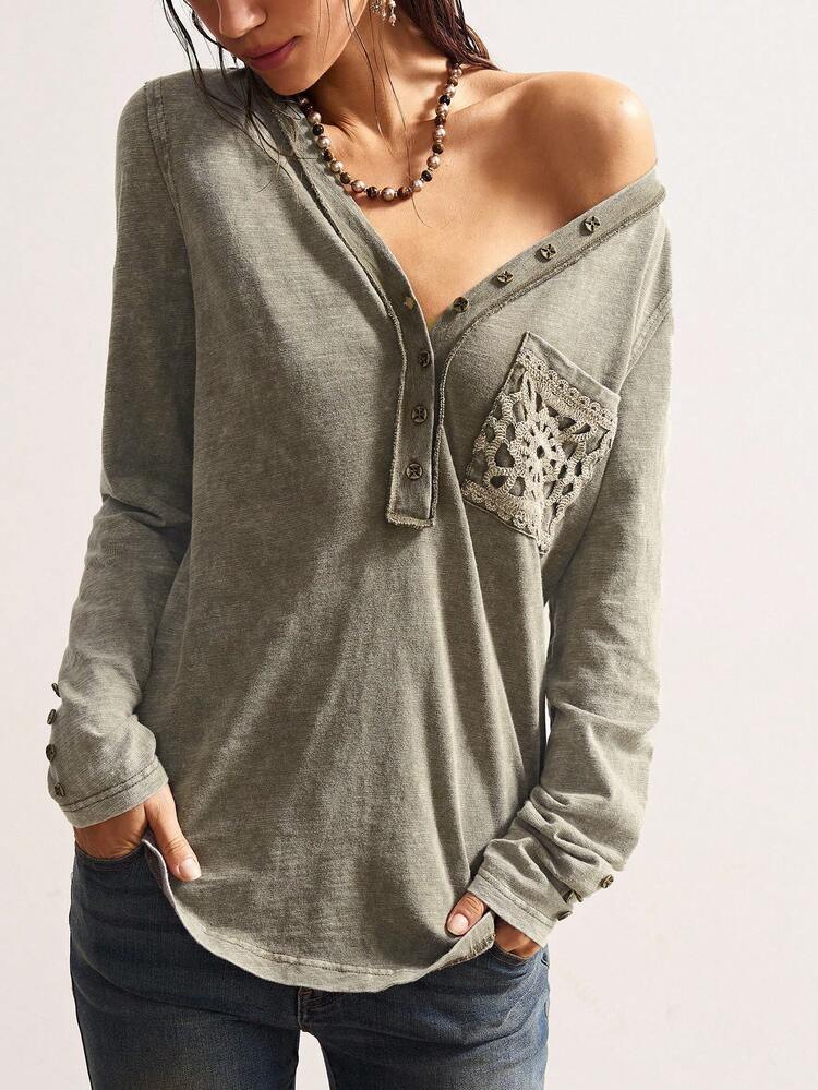 Bohemela 波西米亚复古休闲纯色V领钩针口袋长袖宽松针织女式衬衫 - 軍綠色 - 查看 5