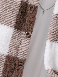 SHEIN Tween Boys Casual Plaid Pattern Fleece Hooded Jacket, Autumn/Winter - Khaki - View 7