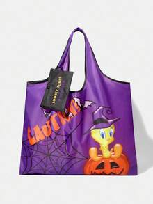 LOONEY TUNES X SHEIN Bolso de tela grande con estampado de dibujos animados de Halloween, impermeable y con gran capacidad - Morado - Ver 2