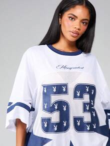 Missguided x Playboy Varsity Style Oversized Jersey Top With Graphic Print Numbers Side Stripe Detail University Casual Streetwear Baseball Tee Retro Athletic Look Autumn Winter