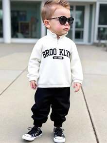 2pcs Baby Boy Black And White Tracksuit,Half-Zip Thermal Hoodie & Sweatpants Set,Back-To-School,Autumn,Casual,City Break,Cute Winter Fall Outfit - Black and White - View 8