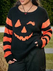 SHEIN EZwear Chandail à imprimé expression citrouille mignonne en grande taille pour le début de l'automne/Halloween - Multicolore - Voir 3