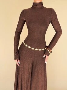 Almamuse 女式高领A字长裙，秋冬 - 棕色 - 查看 6