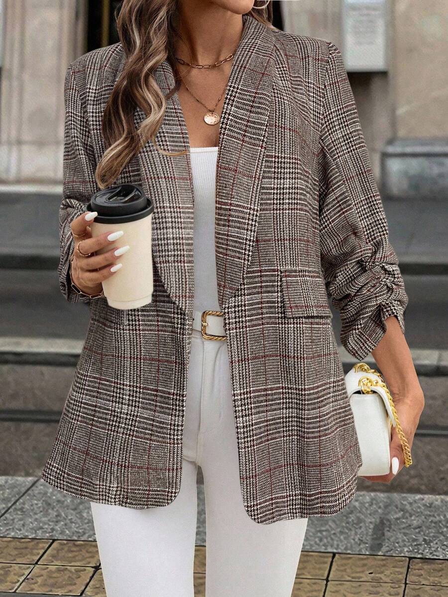 SHEIN Clasi Plus Size Fashionable Plaid Blazer Jacket/ Winter - Brown - View 1